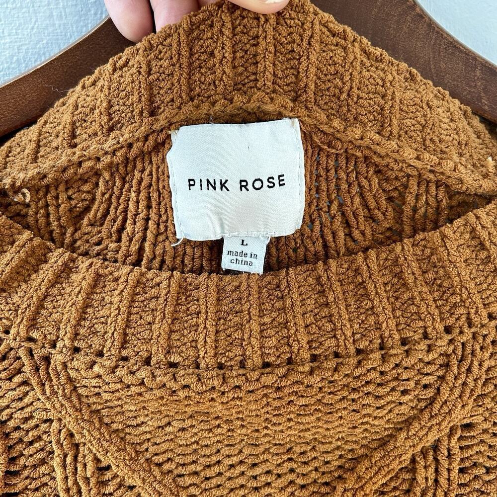 Pink Rose Brown Cable-Knit Pullover Sweater Crew Neck 100% Polyester Size L - Picture 5 of 9